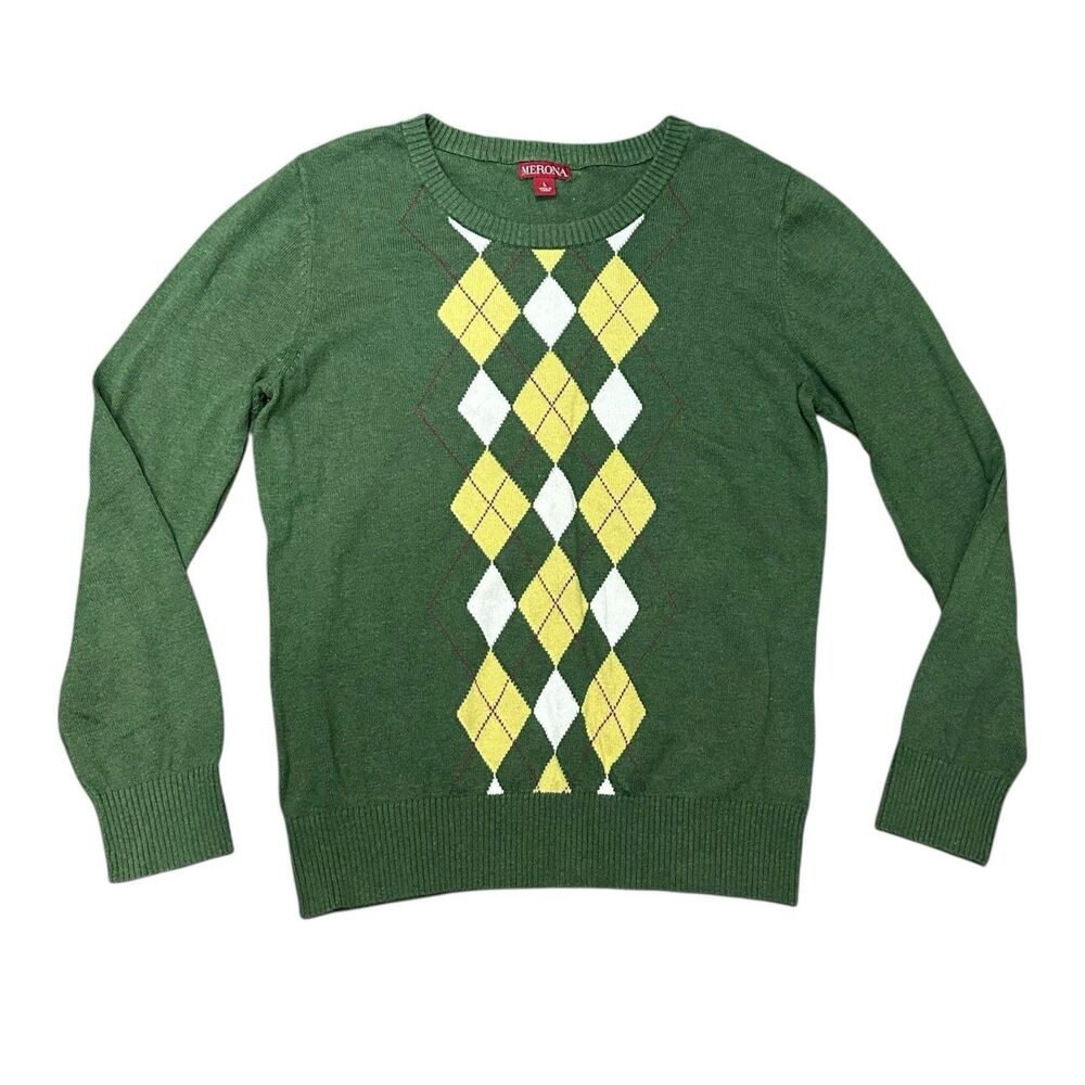 Merona Green Argyle Sweater Women’s Size L Pullover Knit Preppy Academia‎ Golf
